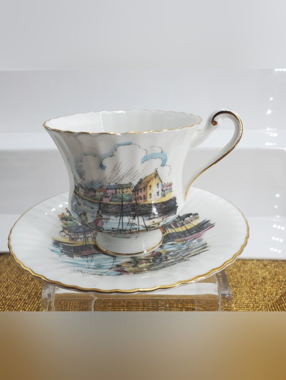 Vintage 1960s Roslyn Tea Cup & Saucer English Bone China fishing village (C18)